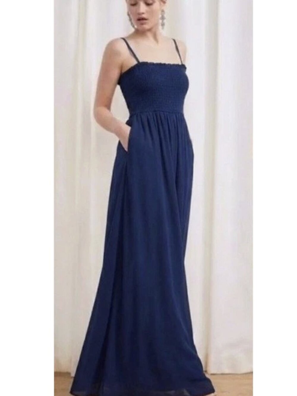 Reformation Ceylon Maxi Dress Small Navy Straps Smocked Pocket Party Wedding USA